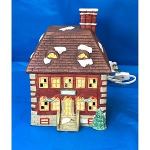 Vintage American Porcelain Collectibles Lighted Bank Building Christmas With Box